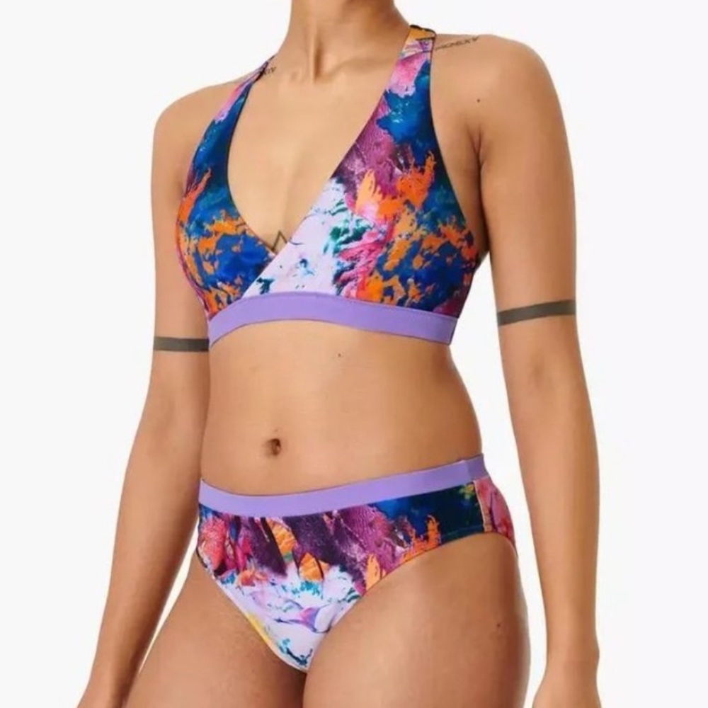 Sweaty Betty Coral Fish Print Two Piece Bikini Top Bottom Set Purple Small XS
